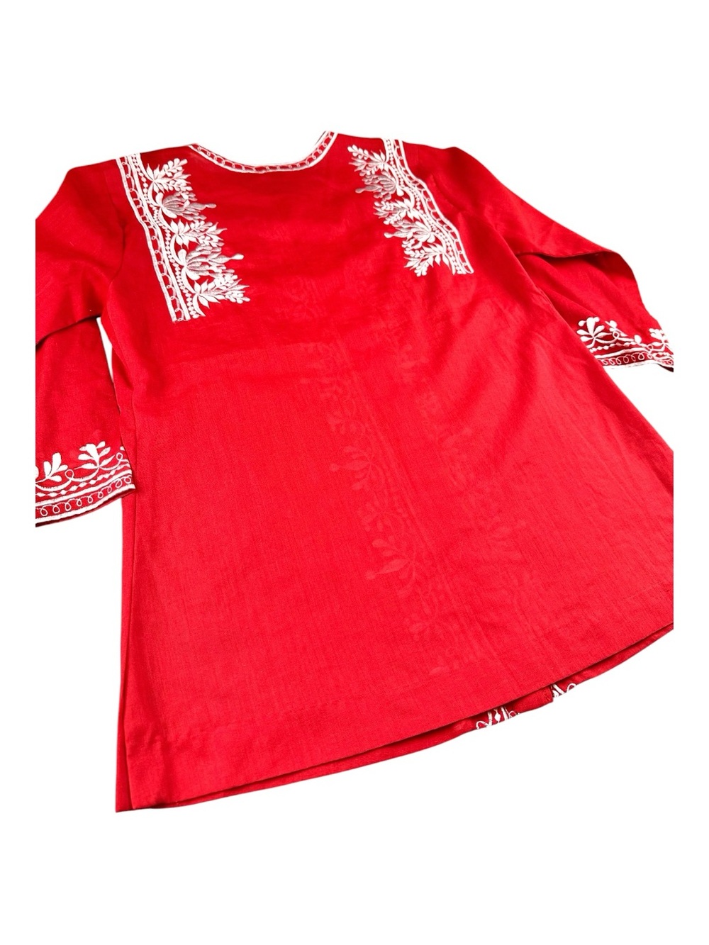 VTG Caro of Honolulu Red Embroidered Boho Tunic Top White Floral Folk S - Picture 4 of 8